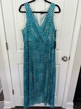 Tommy Hilfiger Blue Geometric A-Line Dress V-Neck‎ Sleeveless Pleated 14